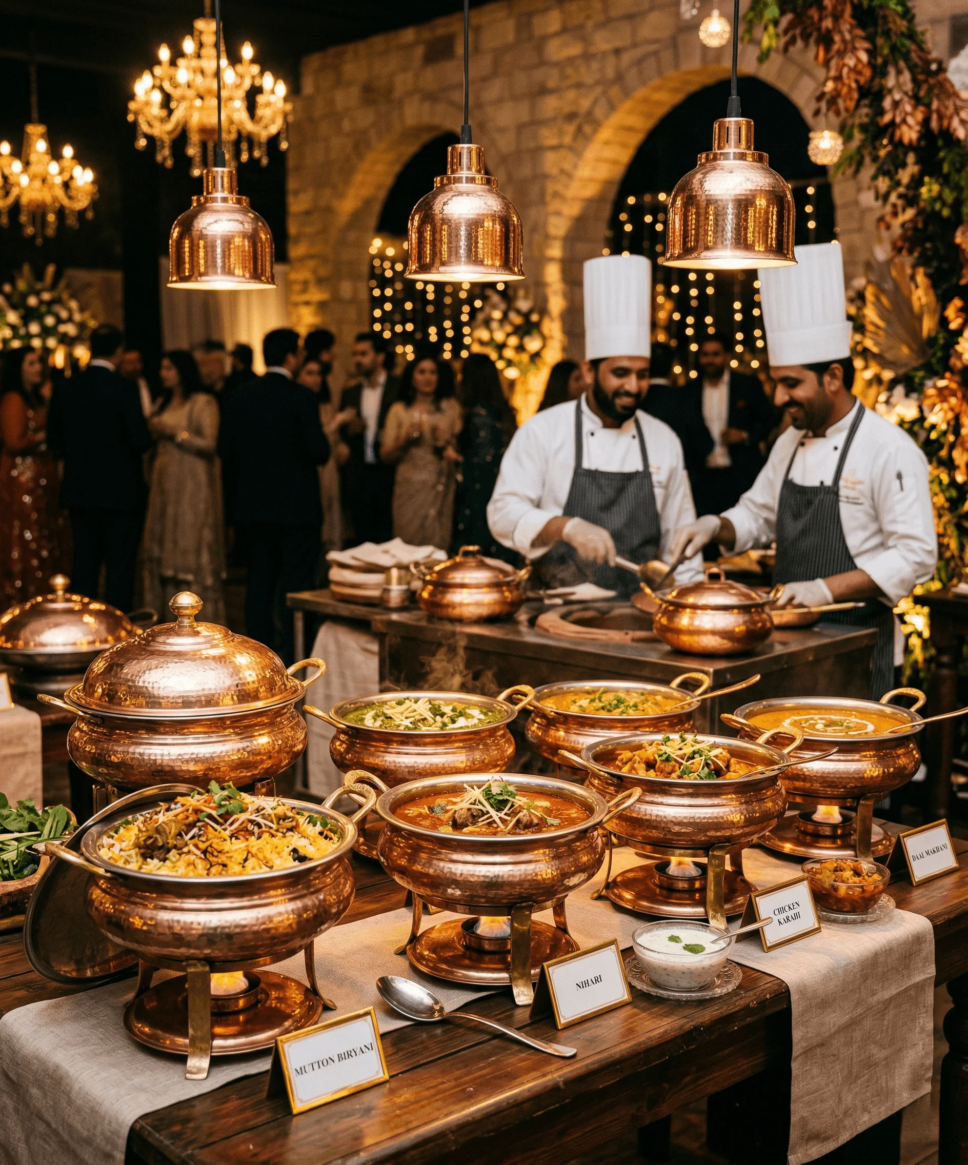 Large outdoor wedding setup with multiple copper daigs being served by chefs